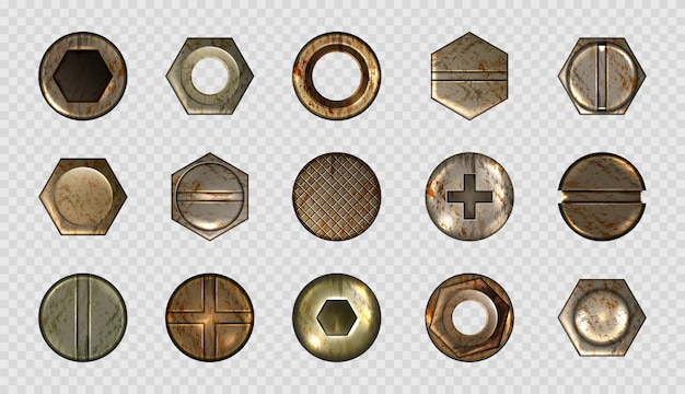Juego de cabezas de clavos y tornillos viejos, pernos de metal, remaches