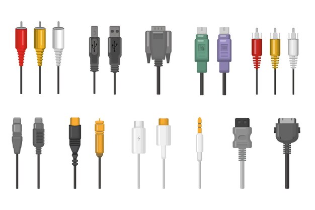 Juego de cables y conectores. Conexiones de cables para puertos ethernet, hdmi, vga, usb, video, audio