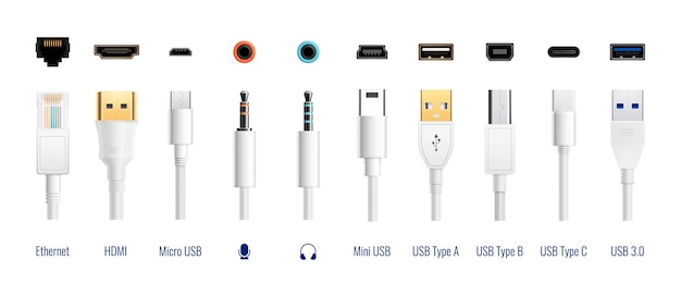 Juego de cables de enchufe de puerto de tipo usb blanco con imágenes realistas de conectores con leyendas de texto ilustración vectorial
