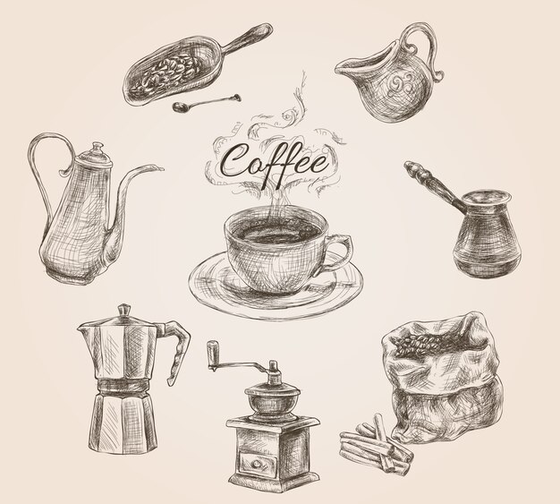 Juego de café retro dibujado a mano