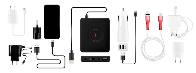 Juego de carga de teléfonos inteligentes con cables aislados, enchufes, bancos de energía y adaptadores con ilustración de vector de signo de perno