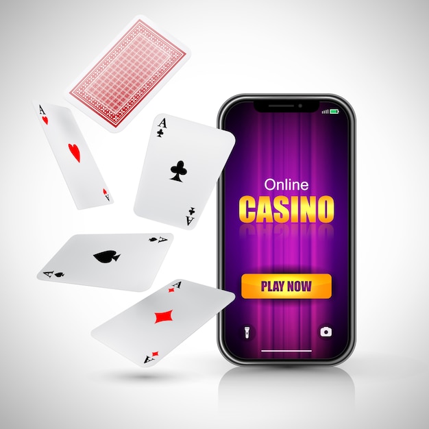 Vector gratuito juego de casino en línea ahora con letras en la pantalla del teléfono inteligente y ases voladores