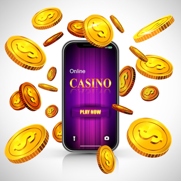 Juego de casino en línea ahora letras en la pantalla del teléfono inteligente y volando monedas de oro.