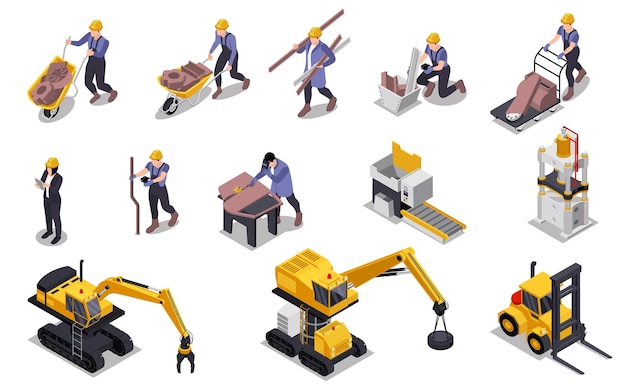 Juego de chatarra con símbolos de trabajo y equipo ilustración vectorial aislada isométrica