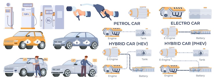 Vector gratuito juego de coches híbridos con símbolos de transporte ilustración vectorial aislada plana