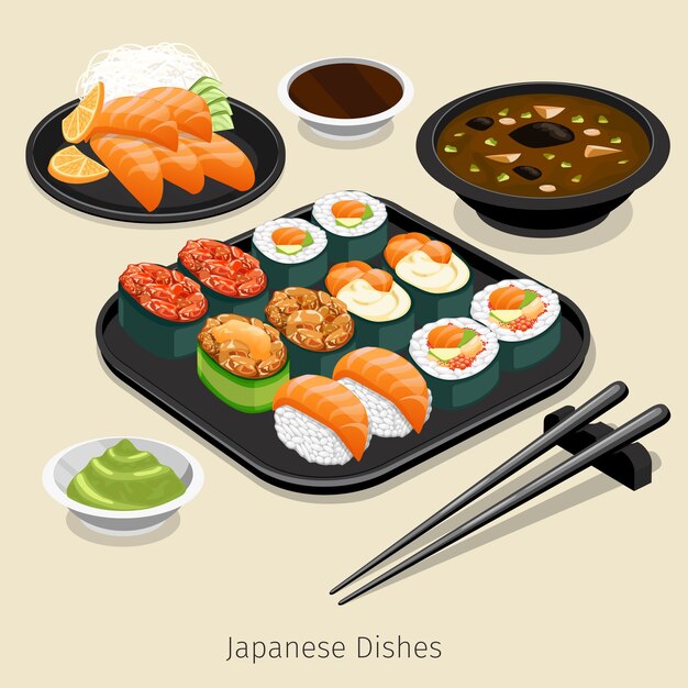 Juego de comida japonesa. Menú sabroso, arroz y panecillo, ingrediente y salsa,