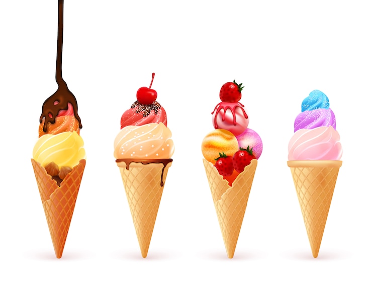 Vector gratuito juego de cono de helado con cuatro obleas de helados de colores realistas de sabor diferente con aderezos de bayas