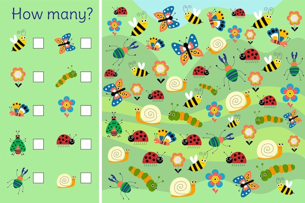 Juego de contar con insectos ilustrado.