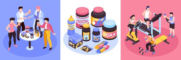 Juego cuadrado de nutrición deportiva con símbolos de hidratación ilustración vectorial aislada isométrica