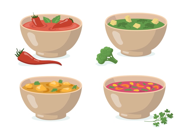 Juego de cuencos de sopas. Gazpacho de tomate con ají rojo, puré de brócoli verde, curry con champiñones, borscht tradicional. Para cocinar verduras, sopa de crema, comer, comida sana.