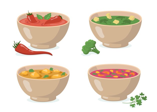 Juego de cuencos de sopas. Gazpacho de tomate con ají rojo, puré de brócoli verde, curry con champiñones, borscht tradicional. Para cocinar verduras, sopa de crema, comer, comida sana.