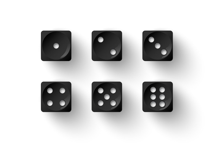 Vector gratuito juego de dados cubos negros con puntos blancos objetos de juego realistas en 3d para jugar en dados de casino de uno a seis puntos y diseño de bordes redondeados aislado en fondo blanco