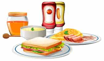 Vector gratuito juego de desayuno con sándwich y sopa.