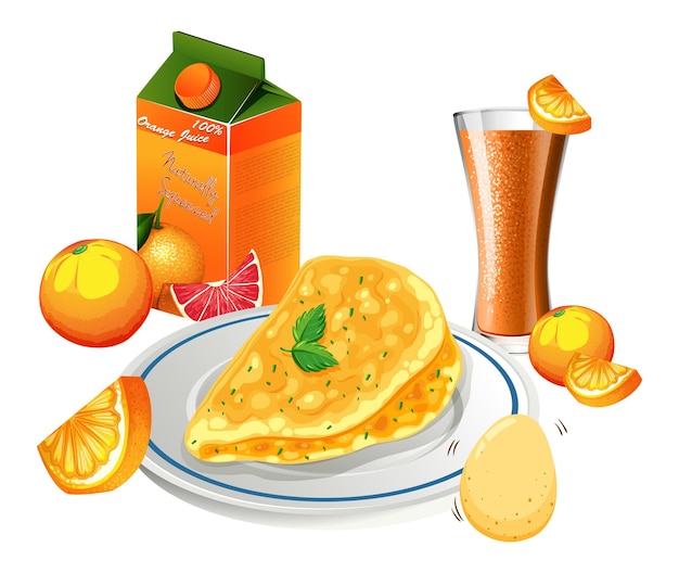 Vector gratuito juego de desayuno con tortilla y jugo de naranja.