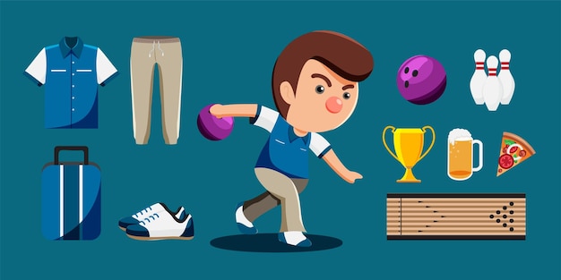 Vector gratuito juego de dibujos animados y equipo de jugador de bolos, como zapato de trofeo de alfiler de carril de uniforme de bola