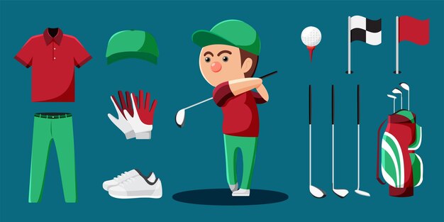 Juego de dibujos animados y equipo de jugador de golf, como uniforme de pelota, palo de golf, guante, zapato