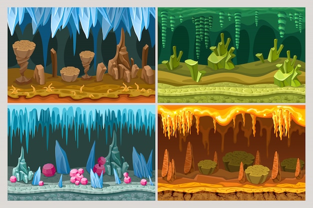 Vector gratuito juego de dibujos animados juego de paisajes de cueva