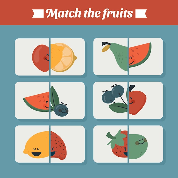 Vector gratuito juego educativo de partidos para niños con frutas.