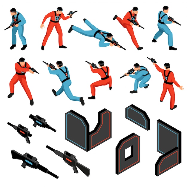 Vector gratuito juego de etiqueta láser equipo de munición objetivos sensibles al infrarrojo chalecos pistolas jugadores iconos isométricos conjunto aislado ilustración vectorial