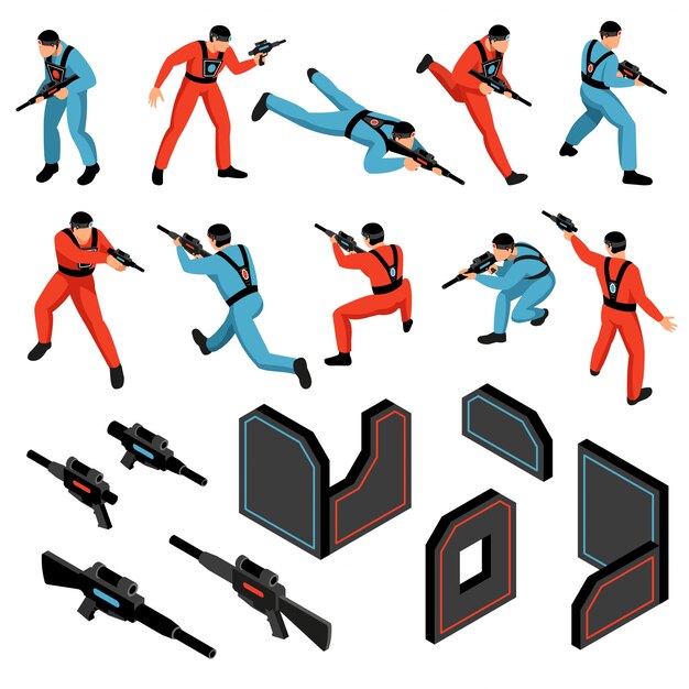 Juego de etiqueta láser equipo de munición objetivos sensibles al infrarrojo chalecos pistolas jugadores iconos isométricos conjunto aislado ilustración vectorial