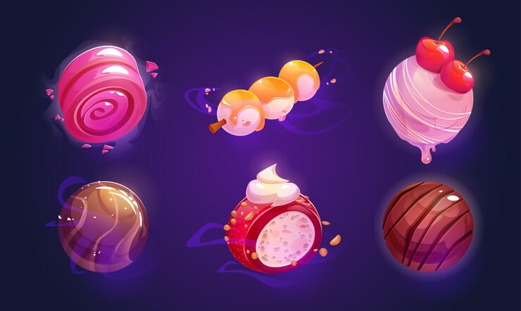 Vector gratuito juego de fantasía y cuento de hadas planetas de dulces alienígenas