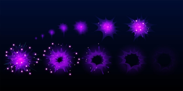 Juego de fuegos artificiales púrpuras que explotan el efecto de explosión de sprites para la animación