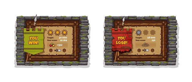Juego ganar y perder pancartas con marco de ladrillo de piedra