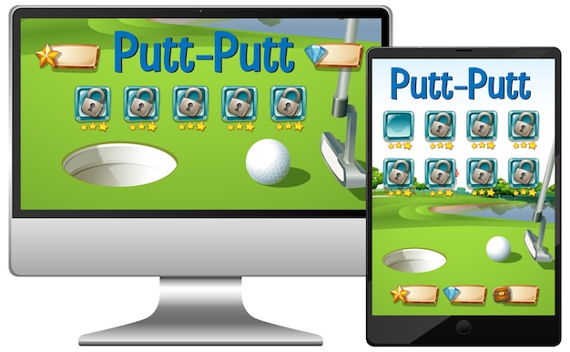 Juego de golf o putt putt en diferentes pantallas de dispositivos electrónicos