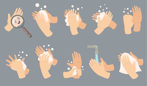 Juego de guías de higiene de manos. Pasos del proceso de lavado de brazos, muñecas con jabón, espuma, grifo con agua corriente, secado con toalla.
