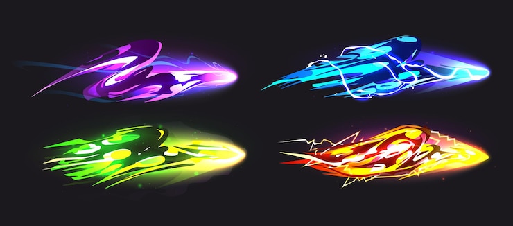 Vector gratuito juego de hechizos mágicos vfx sendero de luz en verde neón aislado en fondo oscuro efecto de energía de bruja mágica con brillo púrpura y destello kit de interfaz de usuario de dibujos animados vectoriales fantasía cósmica vibrante forma de mago