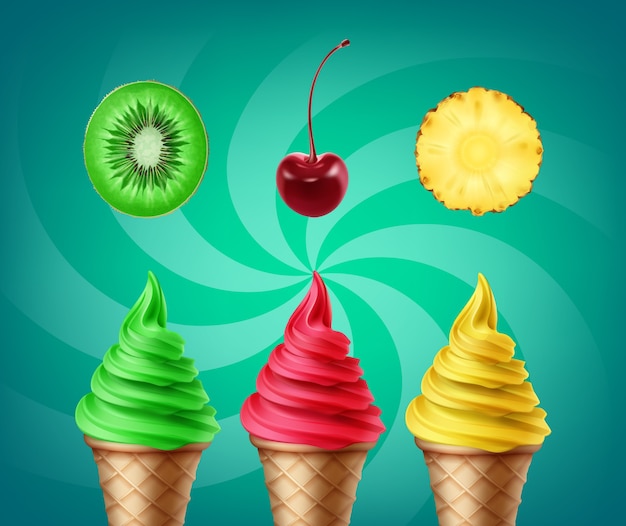 Vector gratuito juego de helado suave con sabor a kiwi, cereza y piña