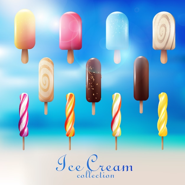 Vector gratuito juego de helados de colores realistas con paletas heladas y variedades esquimales en azul claro