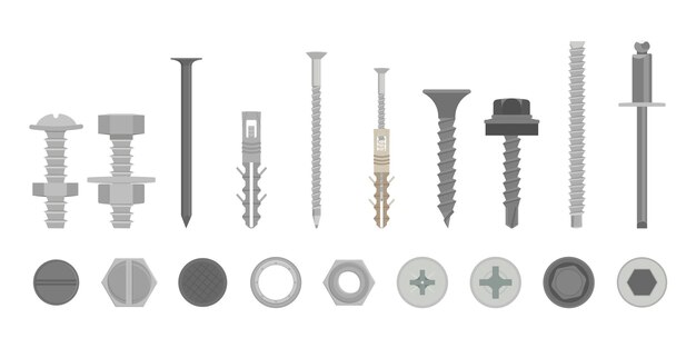 Juego de herrajes para la construcción con tornillos Vista lateral y plana Sujetadores metálicos plateados Pernos Arandela Tuerca Remache Screwbolt Rawl Plug
