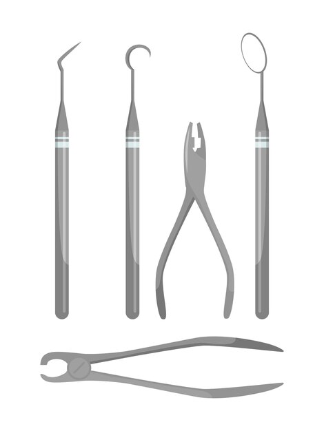 Juego de herramientas de dentista e instrumentos de odontología, espejo bucal, explorador periodontal, escalador, fórceps de extracción de dientes, alicates, tijeras, cuidado de la salud dental