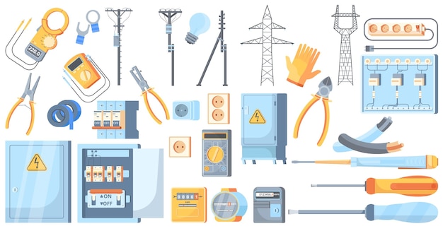 Vector gratuito juego de herramientas y equipos de electricidad con alicates de medidor, destornilladores, caja de distribución eléctrica, interruptor de potencia, roseta, ilustración vectorial plana