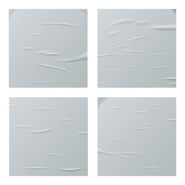 Juego de hojas de papel cuadrado blanco pegado paquete de carteles arrugados realistas Arrugas engrasadas húmedas textura de plantilla en blanco maqueta de columna de publicidad vacía para diseño creativo