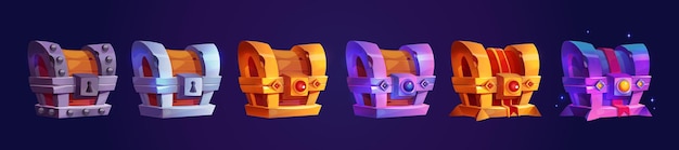 Juego de iconos de cofres del tesoro de madera