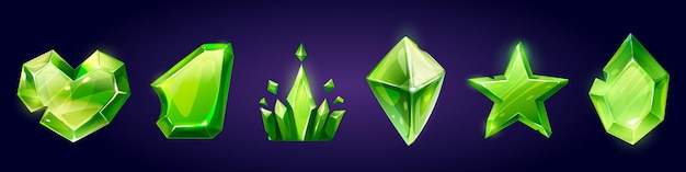 Juego de iconos de cristal de joya mágica de piedras preciosas verdes