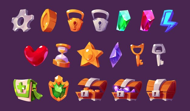 Juego de iconos de dibujos animados vector gui activos conjunto de cerradura y llave relámpago azul y bolsa de medicina de primeros auxilios varias piedras preciosas cerradas y abiertas caja de madera con tesoro hp corazón y trofeo de tiempo