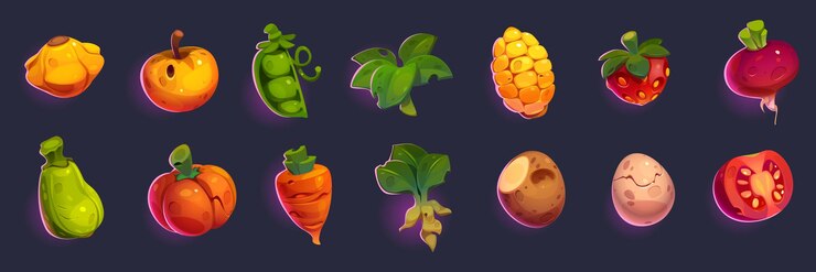 Vector gratuito juego de iconos de frutas, verduras y huevo.