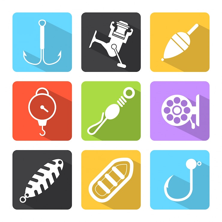 Vector gratuito juego de iconos de pesca en estilo flat