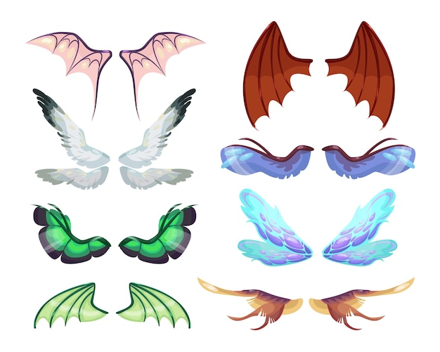 Juego de ilustración de dibujos animados de alas de dragón o monstruos mágicos. Alas coloridas de diferentes formas aisladas sobre fondo blanco. Fantasía, criaturas míticas, concepto de emblemas decorativos