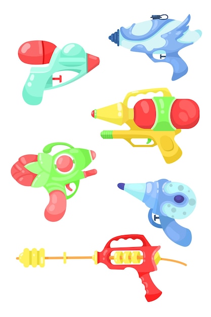 Vector gratuito juego de ilustración de dibujos animados de pistolas de agua de plástico. niños coloridos pistolas para salpicar agua unos a otros durante las vacaciones de verano aisladas sobre fondo blanco. juego, arma, concepto de entretenimiento.