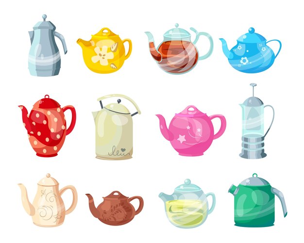 Juego de ilustración de dibujos animados de teteras y hervidores coloridos. Teteras de cerámica y vidrio para hervir agua, vajilla para la ceremonia del té en casa. Hogar, concepto de utensilios de cocina