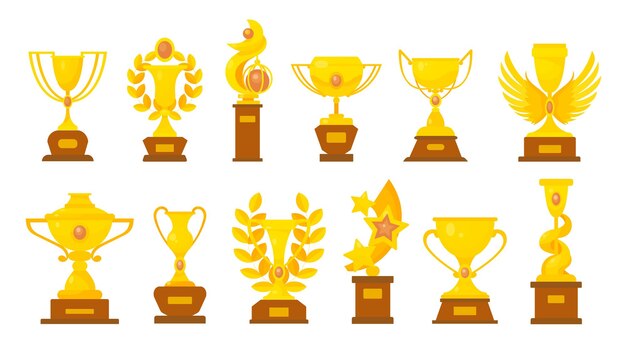 Juego de ilustraciones vectoriales de copas de oro para los ganadores. Colección de trofeos dorados o premios para la ceremonia de entrega de premios, recompensa por ganar un concurso deportivo sobre fondo blanco. Competencia, concepto de victoria