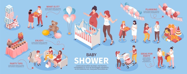 Juego infográfico de baby shower con símbolos de celebración de bienvenida ilustración vectorial isométrica
