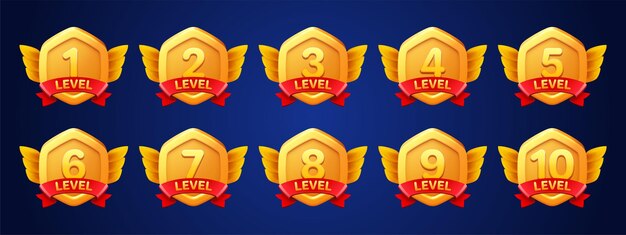Juego de insignias doradas con número de nivel.