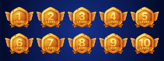 Juego de insignias doradas con número de nivel.