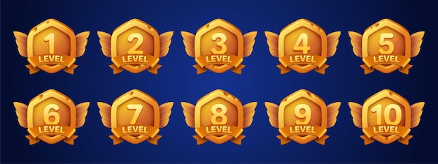 Juego de insignias doradas con número de nivel.