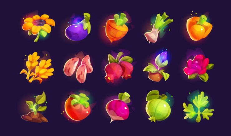 Vector gratuito juego de interfaz de usuario de granja y jardinería conjunto de frutas y verduras ilustración de alimentos aislados para la interfaz de la aplicación móvil con brillo y vapor pimienta de zanahoria de girasol brillante y tomate con brillo y niebla